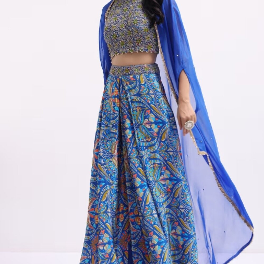 Blue Printed Net Crop Top And Skirt Set